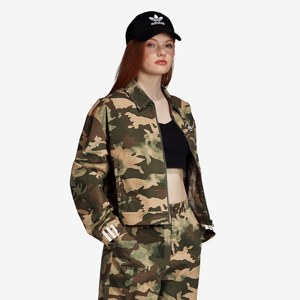 ADIDAS Jacket Womens Green Camouflage Cropped Full-Zip Athleisure Outdoor SZ XS